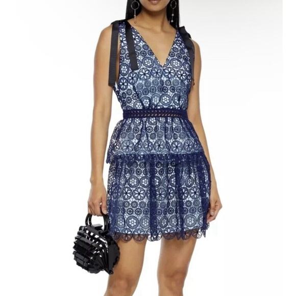Self Portrait Guipure Bow Detail Tiered Dress Blue Black Sleeveless Size Small - Picture 1 of 10